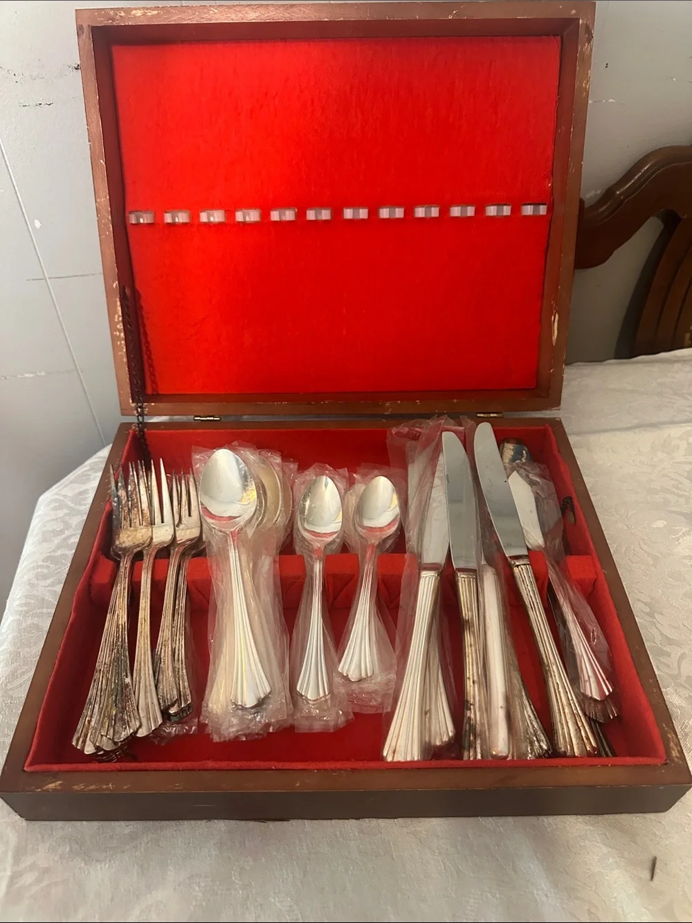 Classic Silver-Plated Flatware Set in Red Velvet Case. Used and factory sealed.